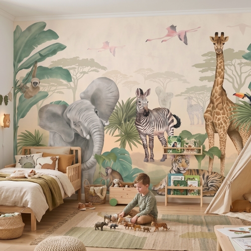 tapeta safari / tapeta dla dzieci sawanna / tapeta dla dzieci pastelowe love