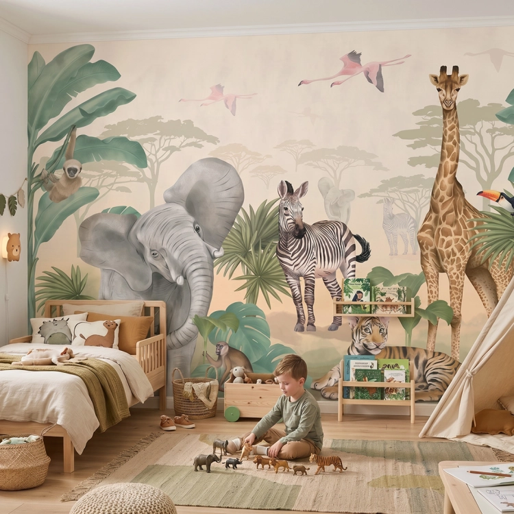 tapeta safari / tapeta dla dzieci sawanna / tapeta dla dzieci pastelowe love