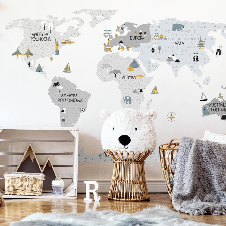 mapa świata szara | naklejka. naklejka dla dzieci. dekoracje pokoju