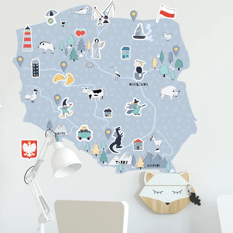 mapa polski niebieska | naklejka. naklejka dla dzieci. dekoracje pokoju