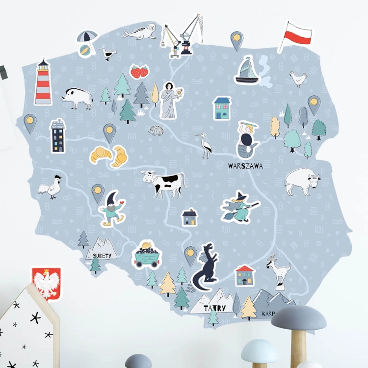 mapa polski niebieska | naklejka. naklejka dla dzieci. dekoracje pokoju