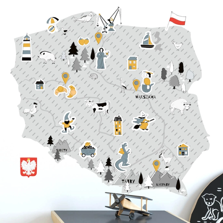 mapa polski szara | naklejka. naklejka dla dzieci. dekoracje pokoju