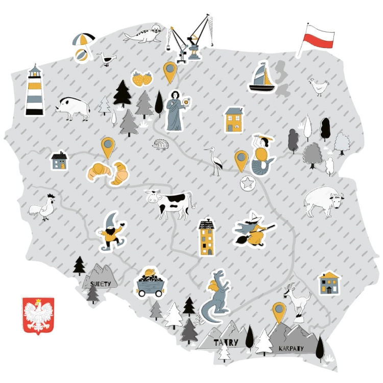 mapa polski szara | naklejka. naklejka dla dzieci. dekoracje pokoju
