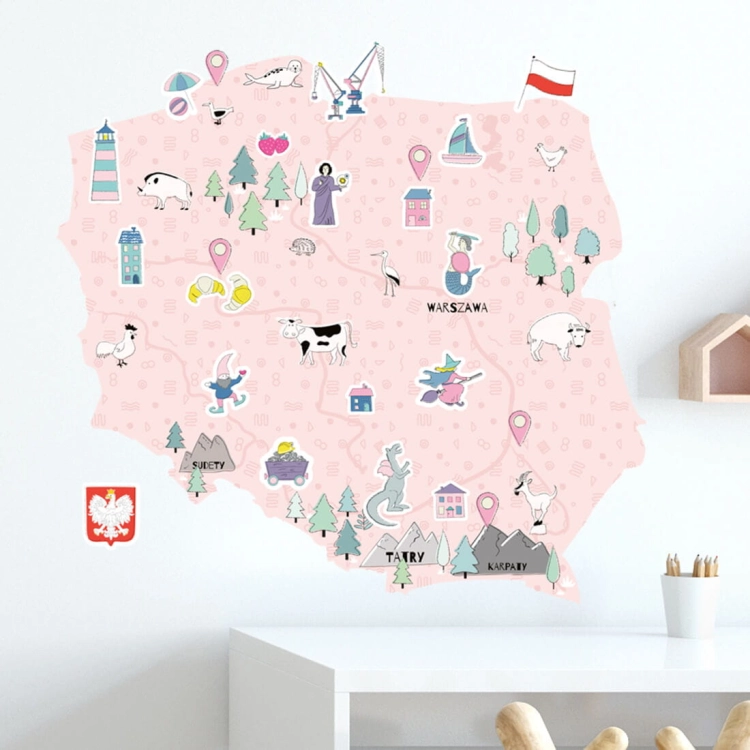 mapa polski różowa | naklejka. naklejka dla dzieci. dekoracje pokoju
