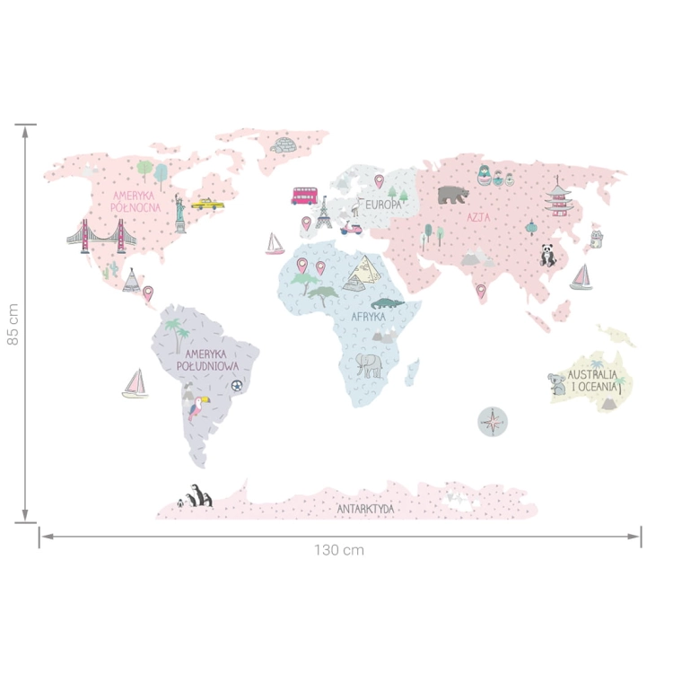 mapa świata różowa | naklejka. naklejka dla dzieci. dekoracje pokoju