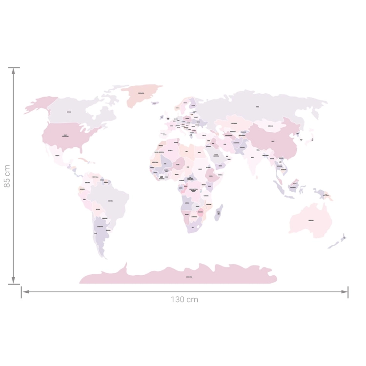 mapa świata polityczna różowa | naklejka. naklejka dla dzieci. dekoracje pokoju