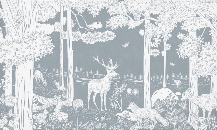 tapeta monochromatyczna las niebieska / tapeta leśne zwierzęta/ tapety pastelowe love